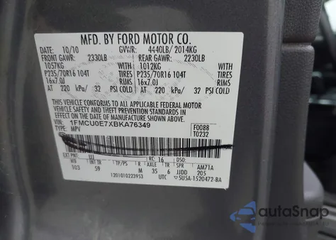 2011 Ford Escape Limited z USA, uszkodzony, nr VIN 1FMCU0E7XBKA76349